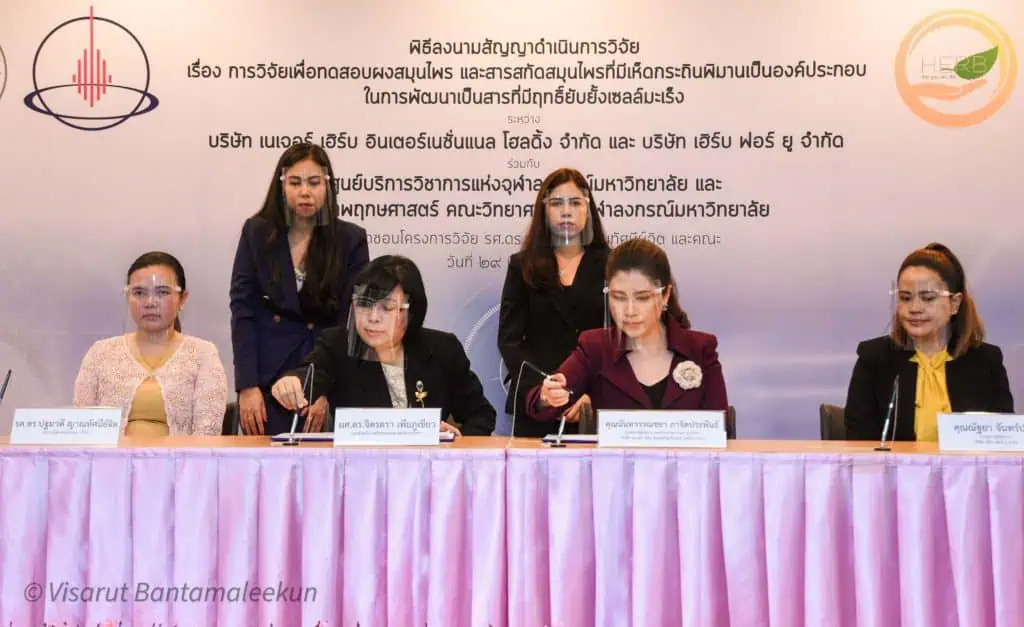 ภาควิชาพฤกษศาสตร์ คณะวิทยาศาสตร์ จุฬาฯ ลงนามความร่วมมือวิจัยทดสอบผงสมุนไพรและสารสกัดสมุนไพรที่มีเห็ดกระถินพิมานเป็นองค์ประกอบ เพื่อยืนยันผลทางวิทยาศาสตร์ในการพัฒนาเป็นสารที่มีฤทธิ์ยับยั้งเซลล์มะเร็ง