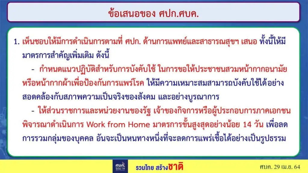 ศบค.กำหนดให้ 6 จังหวัด กทม.-ชลบุรี-เชียงใหม่-นนทบุรี-ปทุมธานี-สมุทรปราการ ขอทั่วประเทศ WFH เป็นเวลา 14 วัน และงดทานอาหารที่ร้าน มีหลังเที่ยงคืนวันศุกร์นี้