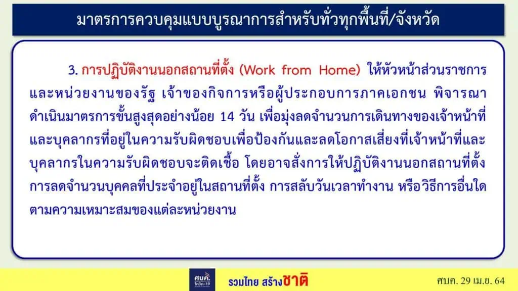 ศบค.กำหนดให้ 6 จังหวัด กทม.-ชลบุรี-เชียงใหม่-นนทบุรี-ปทุมธานี-สมุทรปราการ ขอทั่วประเทศ WFH เป็นเวลา 14 วัน และงดทานอาหารที่ร้าน มีหลังเที่ยงคืนวันศุกร์นี้