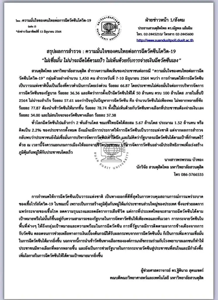 สวนดุสิตโพล ชี้ประชาชนไม่ค่อยมั่นใจการจัดการรัฐ เชื่อฉีด 50 ล.คน 100 ล.โดส ไม่สำเร็จปีนี้  เพราะปัญหาวัคซีนไม่พอ และไม่หลากหลาย