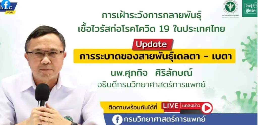 อธิบดีกรมวิทยาศาสตร์การแพทย์ยืนยันขณะนี้พบผู้ติดเชื้อโควิด-19 สายพันธุ์เบตา(แอฟริกาใต้) เพียง 1 รายเท่านั้น 88 รายอยู่ภาคใต้ ทุกคนได้รับการรักษาและติดตามผู้สัมผัสเพื่อควบคุมโรคแล้ว