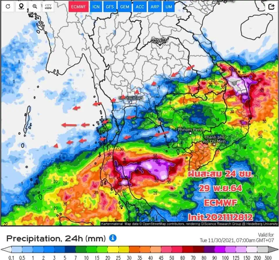 ประกาศกรมอุตุนิยมวิทยา "ฝนตกหนักถึงหนักมากบริเวณภาคใต้และคลื่นลมแรงบริเวณอ่าวไทย ฉบับที่ 6 ลงวันที่ 29 พฤศจิกายน 2564