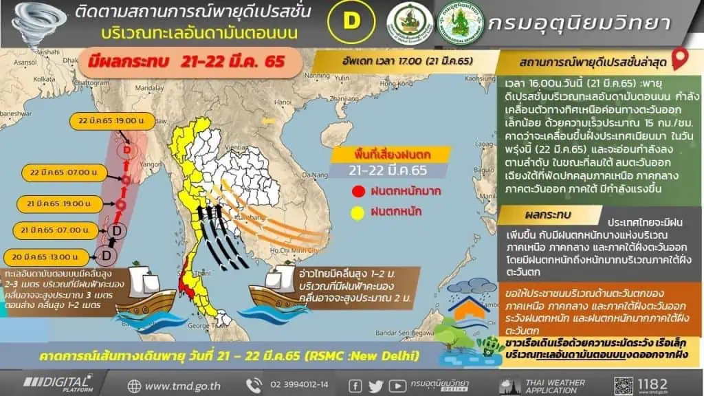 กรมอุตุนิยมวิทยาติดตามสถานการณ์พายุดีเปรสชันบริเวณทะเลอันดามันตอนบน( มีผลกระทบ 21 ถึง 22 มีนาคม2565)