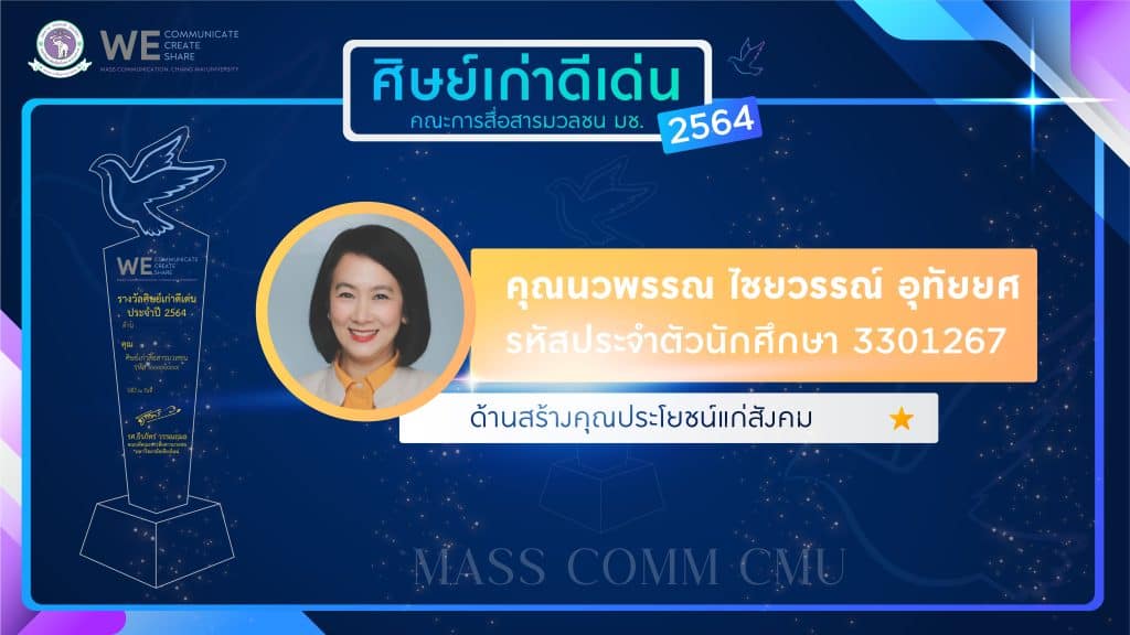 "นาฏยา" คว้ารางวัลศิษย์เก่าดีเด่น "แมสคอมมช." ปี 65 ด้านผู้มีคุณูปการต่อคณะ "นาฏยา" คว้ารางวัลศิษย์เก่าดีเด่น "แมสคอมมช." ปี 65 ด้านผู้มีคุณูปการต่อคณะ