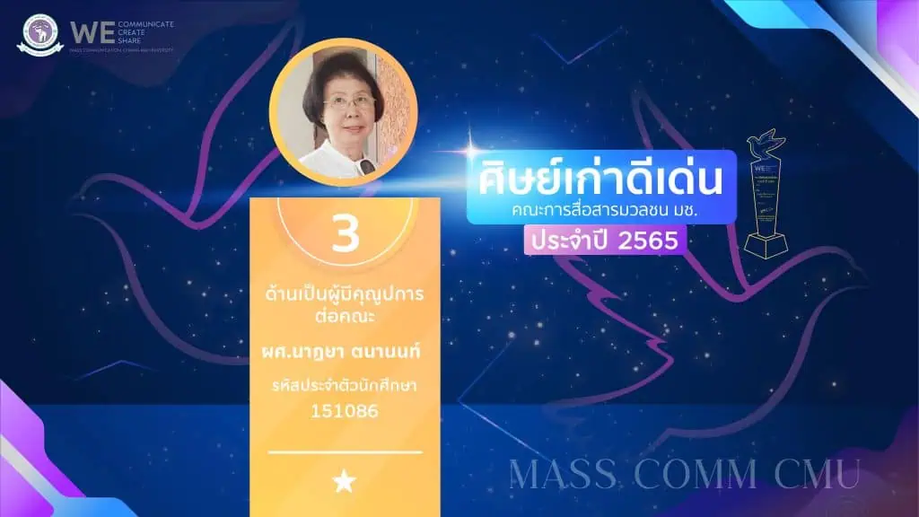 "นาฏยา" คว้ารางวัลศิษย์เก่าดีเด่น "แมสคอมมช." ปี 65 ด้านผู้มีคุณูปการต่อคณะ