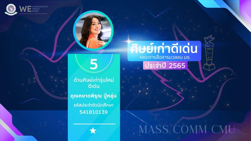 "นาฏยา" คว้ารางวัลศิษย์เก่าดีเด่น "แมสคอมมช." ปี 65 ด้านผู้มีคุณูปการต่อคณะ "นาฏยา" คว้ารางวัลศิษย์เก่าดีเด่น "แมสคอมมช." ปี 65 ด้านผู้มีคุณูปการต่อคณะ