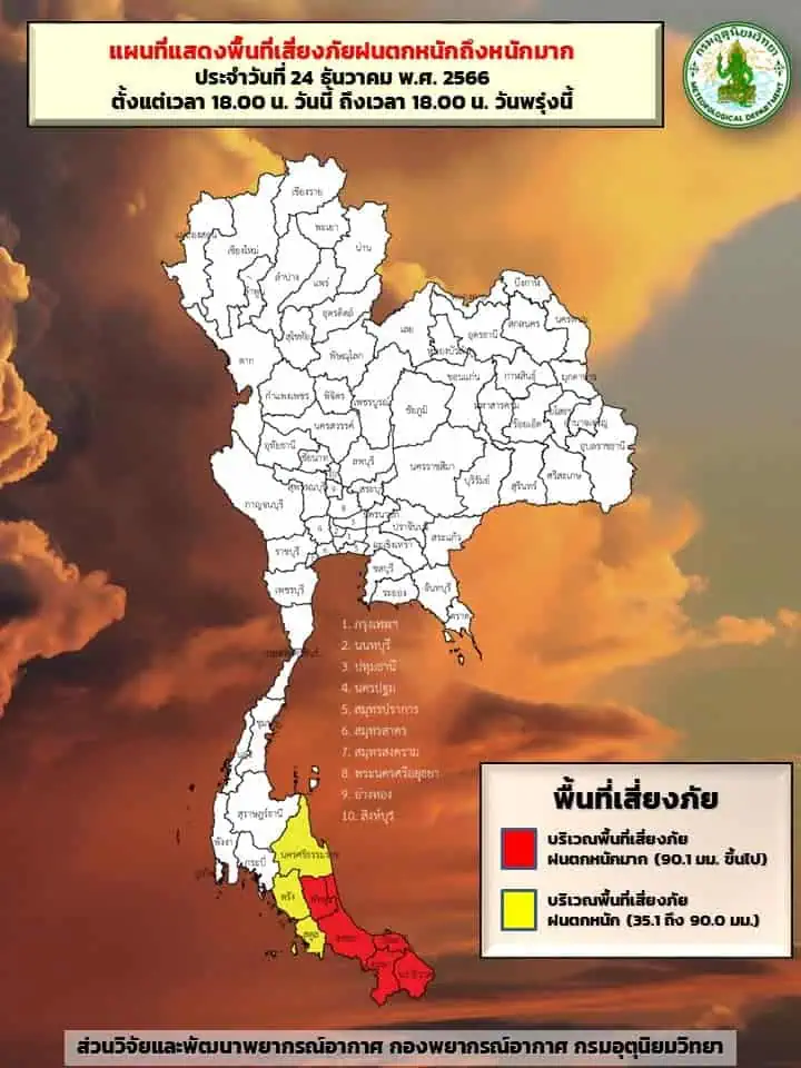 กรมอุตุฯประกาศฉบับที่ 13 เตือนอากาศหนาวเย็น ฝนตกหนักถึงหนักมากในภาคใต้ตอนล่าง