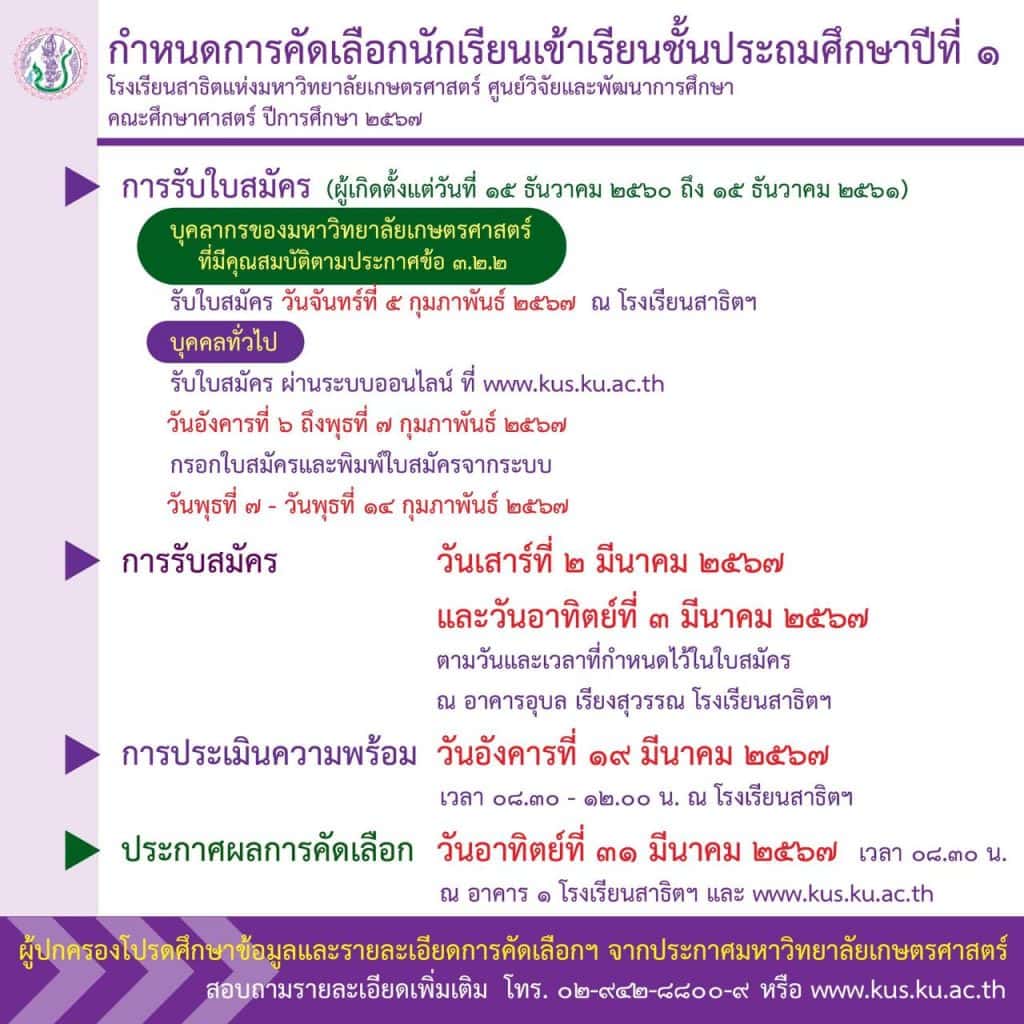 "สาธิตเกษตรศาสตร์" ประกาศกำหนดการคัดเลือกนักเรียนเข้าเรียนชั้นป.1 ปีการศึกษา 2567 "สาธิตเกษตรศาสตร์" ประกาศกำหนดการคัดเลือกนักเรียนเข้าเรียนชั้นป.1 ปีการศึกษา 2567