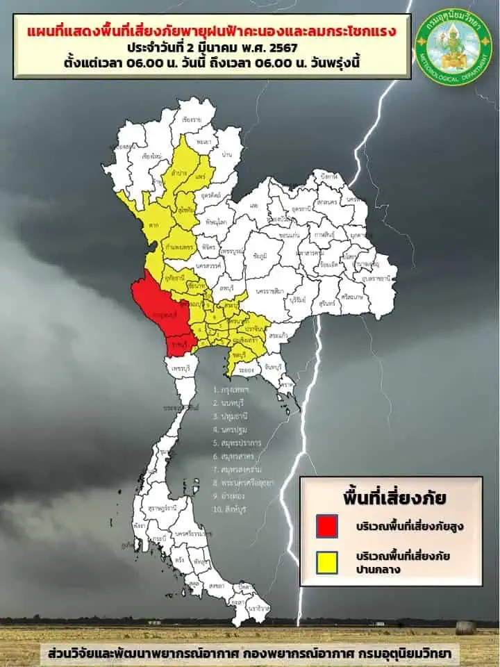 กรมอุตุนิยมวิทยาเตือนเหนือ-กลาง-ตะวันออก ระวังอันตรายจากพายุฤดูร้อน หลีกเลี่ยงการอยู่ในที่โล่งแจ้ง ใต้ต้นไม้ใหญ่ สิ่งปลูกสร้าง และป้ายโฆษณาที่ไม่แข็งแรง