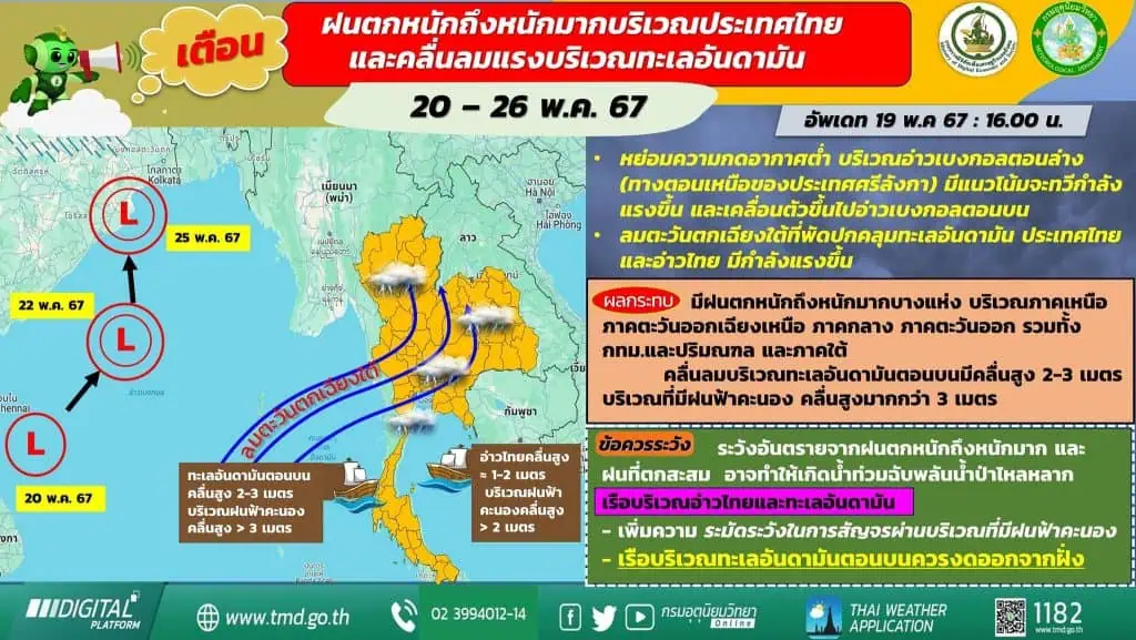 ประกาศกรมอุตุนิยมวิทยา เรื่อง ฝนตกหนักถึงหนักมากบริเวณประเทศไทย และคลื่นลมแรงบริเวณทะเลอันดามัน ฉบับที่ 2 (94/2567)