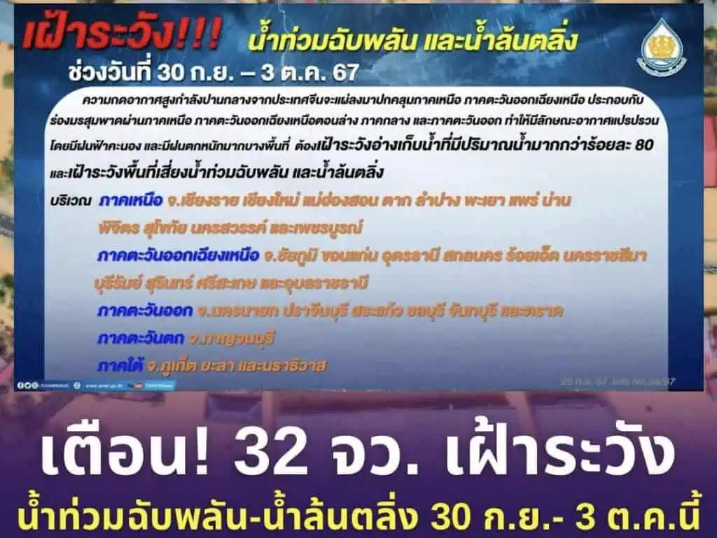 ทนช.ประกาศเตือน 32 จังหวัด เฝ้าระวัง‼️ #น้ำท่วมฉับพลันและน้ำล้นตลิ่ง ช่วงวันที่ 30 ก.ย. - 3 ต.ค. 67