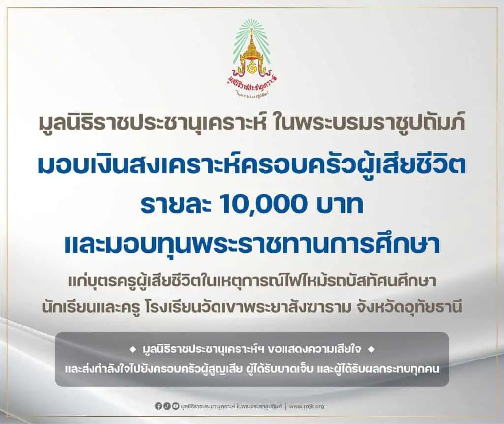 มูลนิธิราชประชานุเคราะห์ ในพระบรมราชูปถัมภ์ มอบเงินสงเคราะห์ครอบครัวผู้เสียชีวิต รายละ 10,000 บาท 