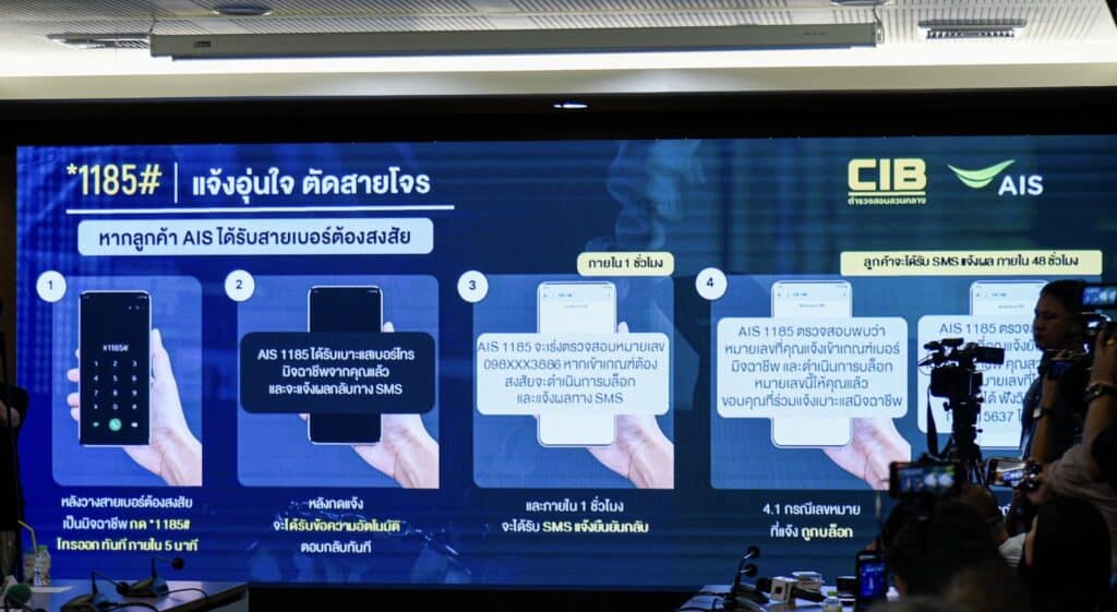 สอบสวนกลาง จับมือ AIS ยกระดับเดินหน้าภารกิจป้องกันประชาชน เปิดบริการ *1185# ”แจ้งอุ่นใจ ตัดสายโจร“ กดแจ้งเบอร์โทรมิจฉาชีพได้ทันทีหลังวางสายเพื่อติดตาม ตรวจสอบ บล็อก และดำเนินคดีตามกฎหมายขั้นสูงสุด สอบสวนกลาง จับมือ AIS ยกระดับเดินหน้าภารกิจป้องกันประชาชน เปิดบริการ *1185# ”แจ้งอุ่นใจ ตัดสายโจร“ กดแจ้งเบอร์โทรมิจฉาชีพได้ทันทีหลังวางสายเพื่อติดตาม ตรวจสอบ บล็อก และดำเนินคดีตามกฎหมายขั้นสูงสุด