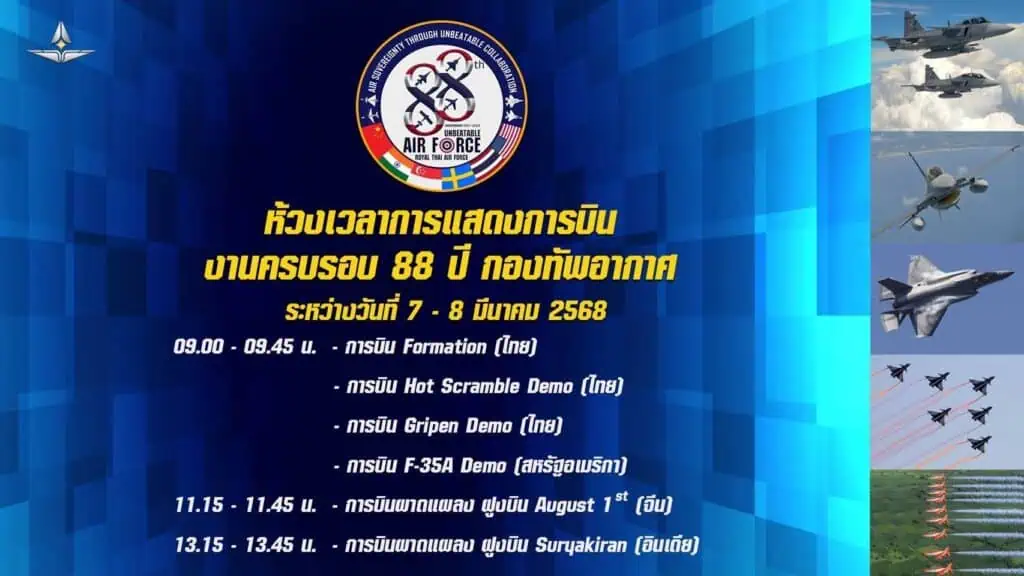 กองทัพอากาศจัด Air Show ฉลอง 88 ปี กองทัพพันธมิตรส่งเครื่องบินรบร่วมโชว์ สหรัฐส่งนักบินหญิงขับ F-35 ทอ.พร้อมปกป้องประเทศและรักษาอธิปไตย