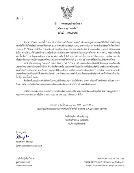 ประกาศกรมอุตุนิยมวิทยา เรื่อง พายุ “แมตโม”ฉบับที่ 1 เตือนระวังอันตรายจากฝนตกหนัก และฝนที่ตกสะสม ซึ่งอาจทำให้เกิดน้ำท่วมฉับพลัน น้ำป่าไหลหลาก และน้ำล้นตลิ่ง