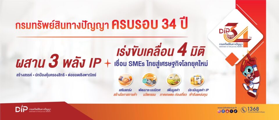 34 ปี กรมทรัพย์สินทางปัญญาเดินหน้าผสานพลัง IP ขับเคลื่อนเศรษฐกิจยุคใหม่ 34 ปี กรมทรัพย์สินทางปัญญาเดินหน้าผสานพลัง IP ขับเคลื่อนเศรษฐกิจยุคใหม่